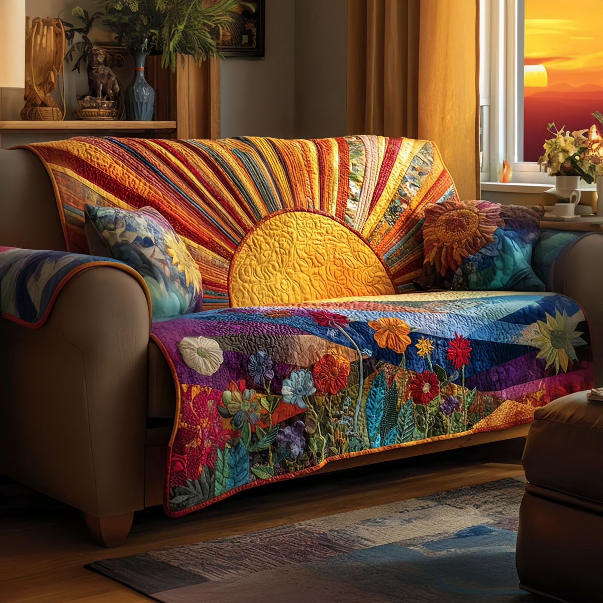 Sunshine Quilted Sofa Cover, Colorful Couch Throw Blanket