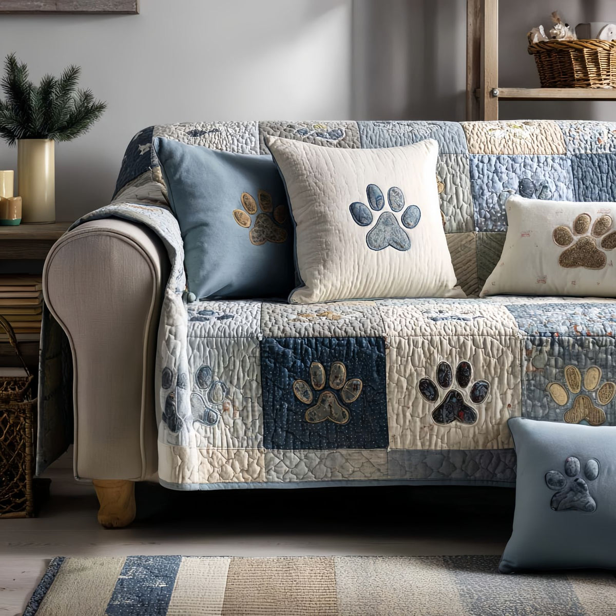 Pet Paw Quilted Sofa Cover, Couch Protector for Dogs and Cats, Washable Furniture Cover