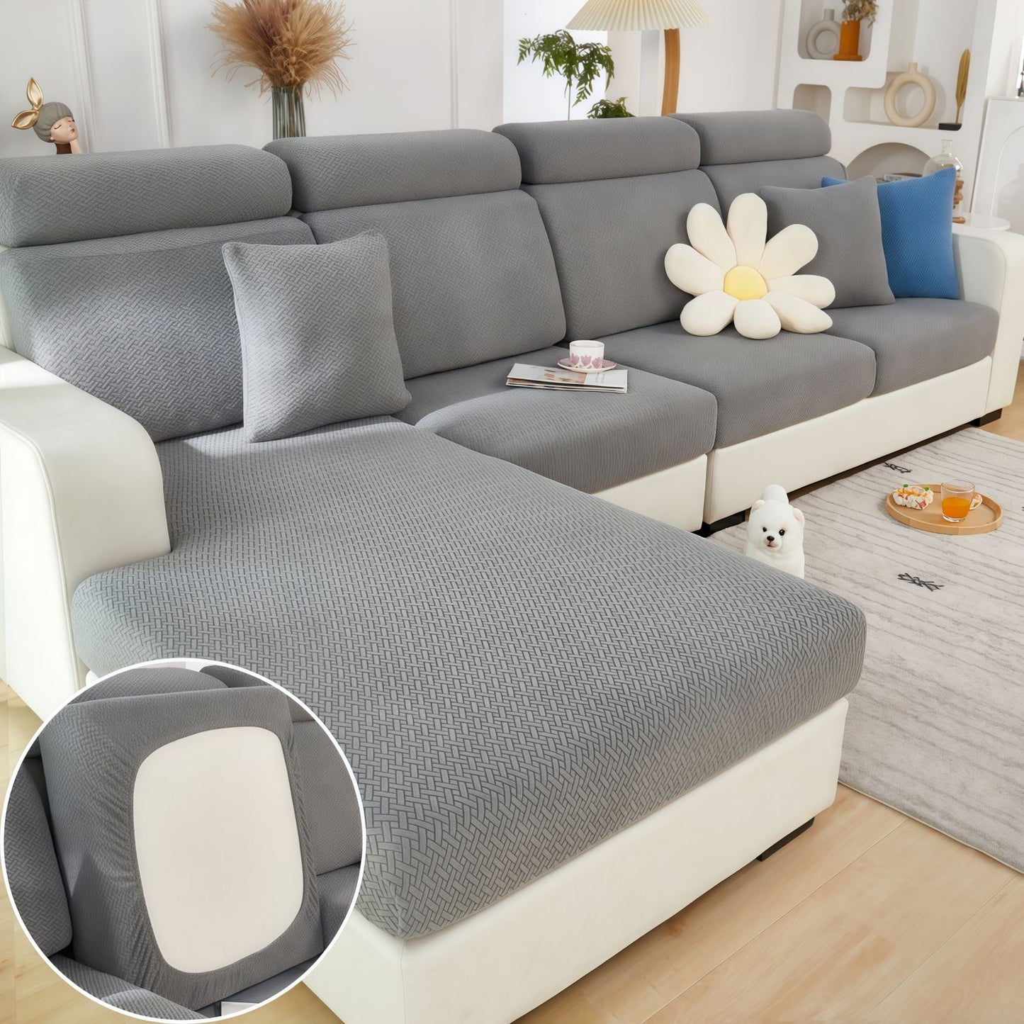 Stretch Couch Cushion Covers for Sectional Sofas, Washable Sofa Seat Covers with 360° Full Wrap Design