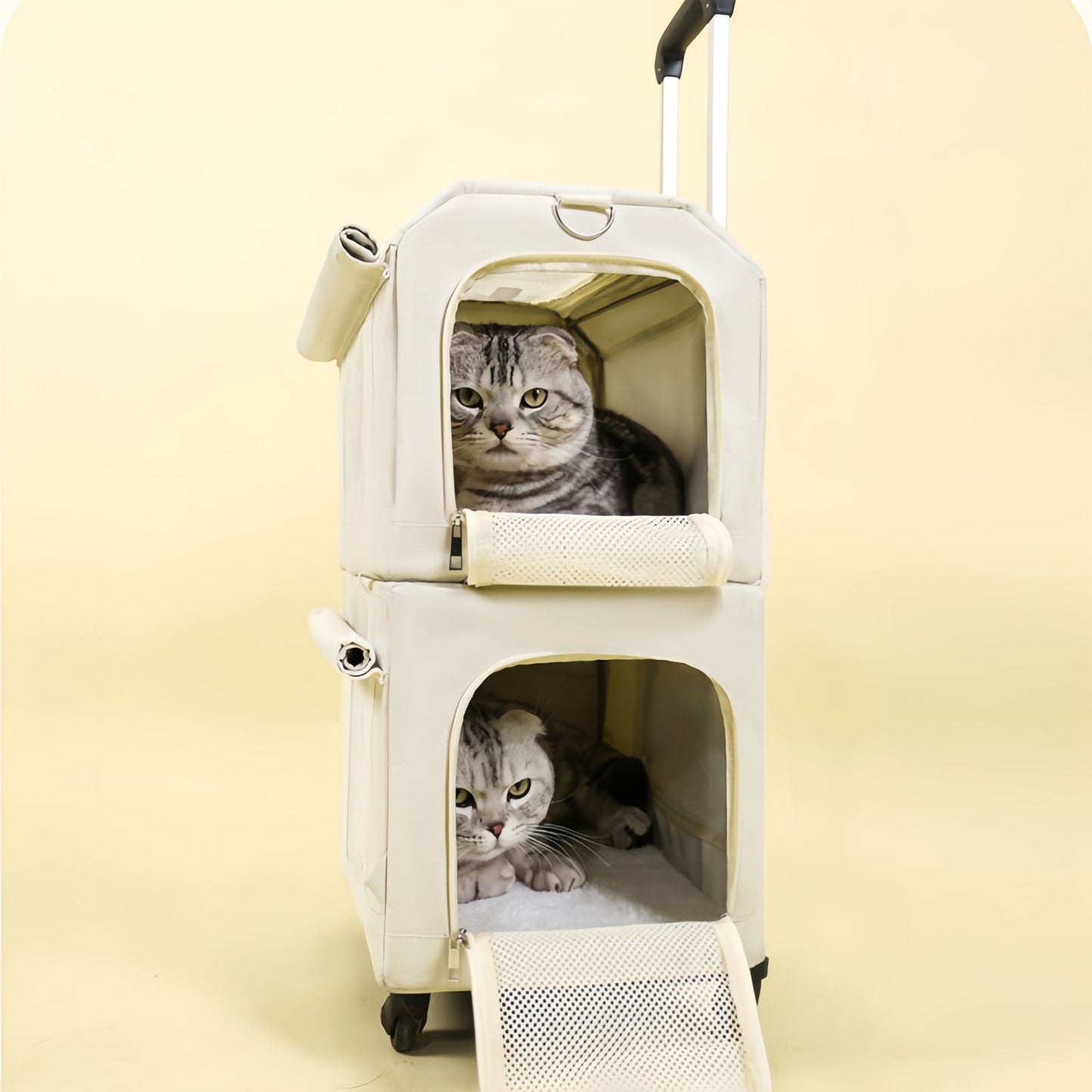 Double Layer Rolling Cat Carrier with Wheels, Telescopic Handle Pet Carrier