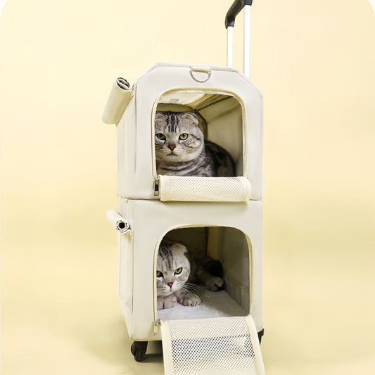 Double Layer Rolling Cat Carrier with Wheels, Telescopic Handle Pet Carrier