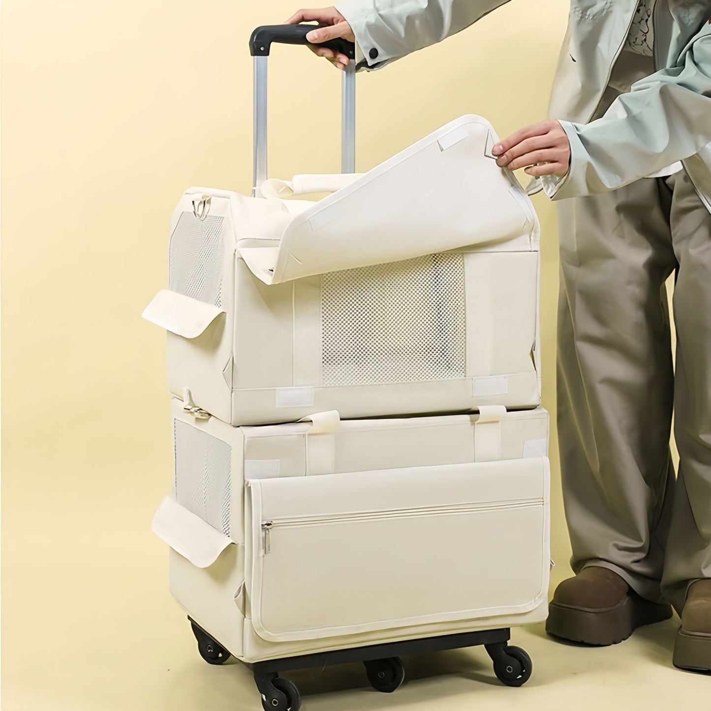 Double Layer Rolling Cat Carrier with Wheels, Telescopic Handle Pet Carrier
