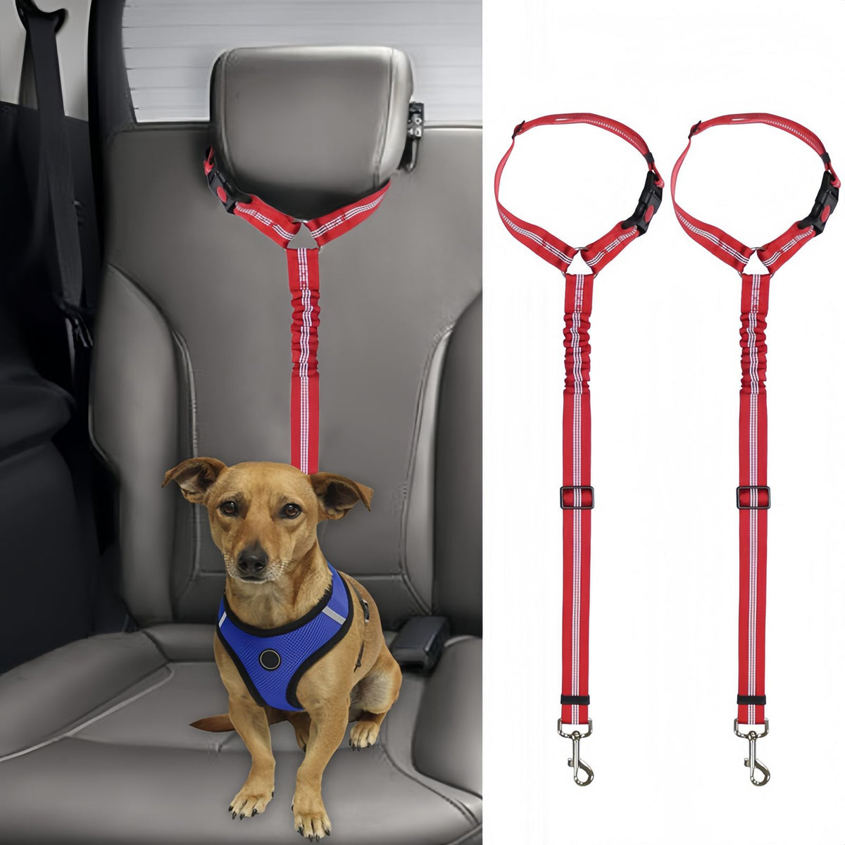 Dog Car Seat Belt with Elastic Bungee, Adjustable Safety Seat Belt for Dogs with Lockable Clip and 360° Swivel Hook