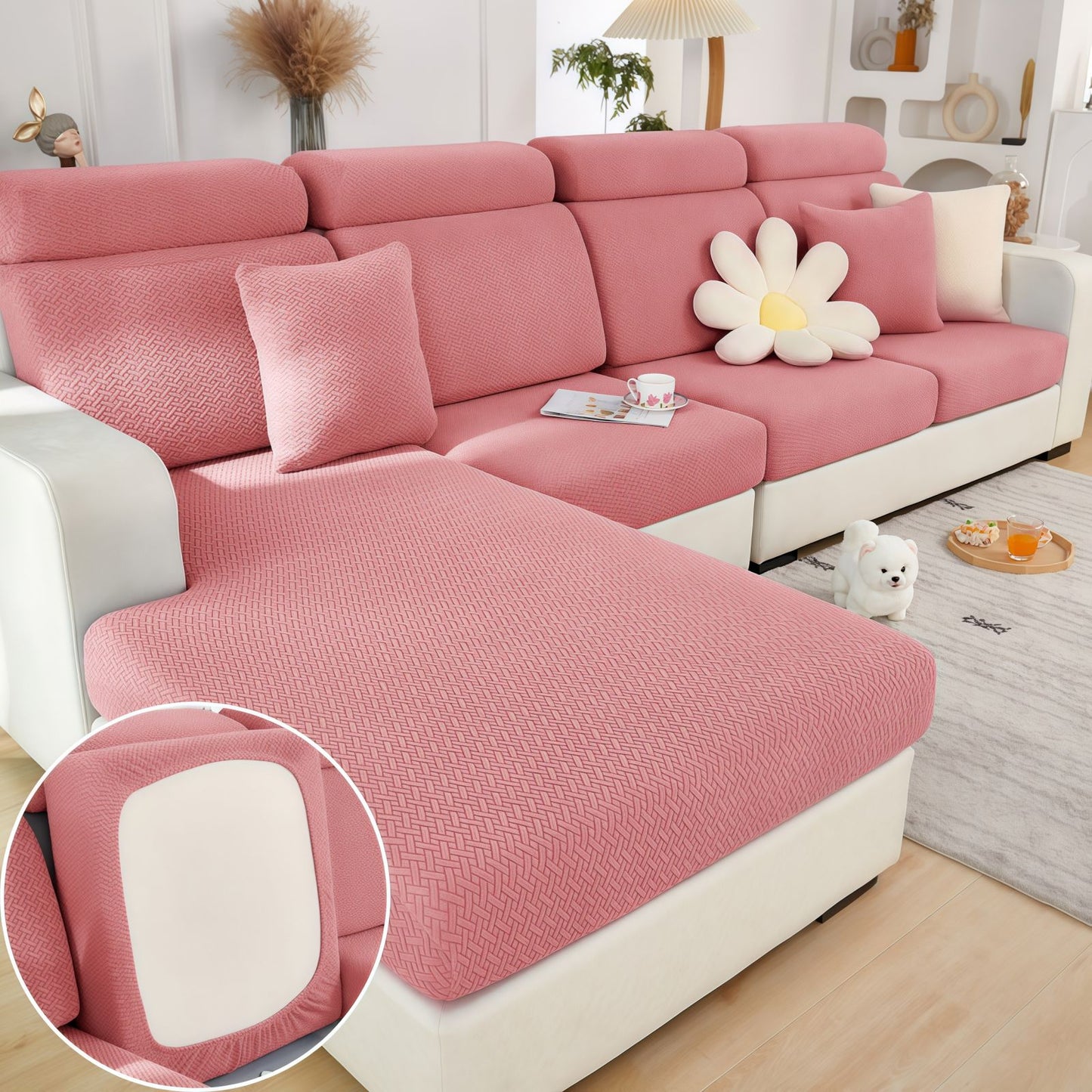 Stretch Couch Cushion Covers for Sectional Sofas, Washable Sofa Seat Covers with 360° Full Wrap Design