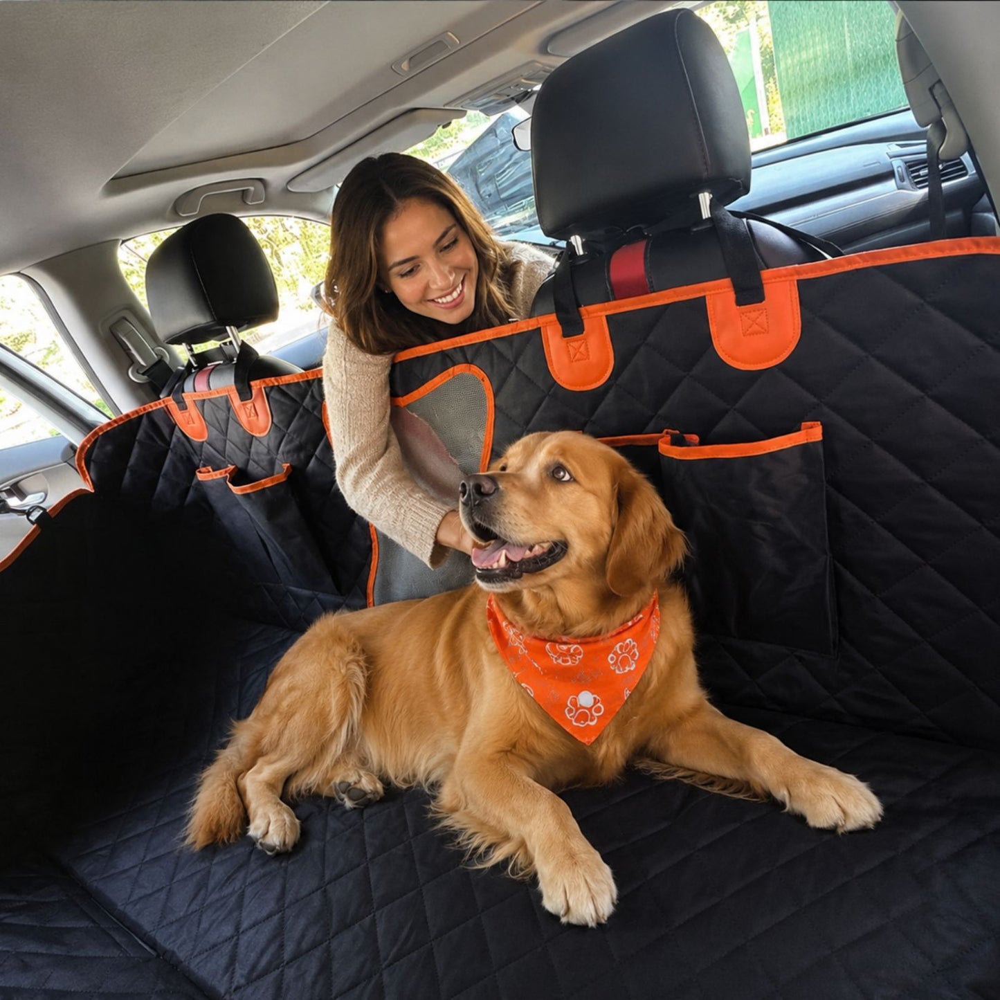 Waterproof Dog Car Seat Cover with Mesh Window, Full Coverage Dog Hammock Seat Protector with Side Flaps & Cargo Liner Function