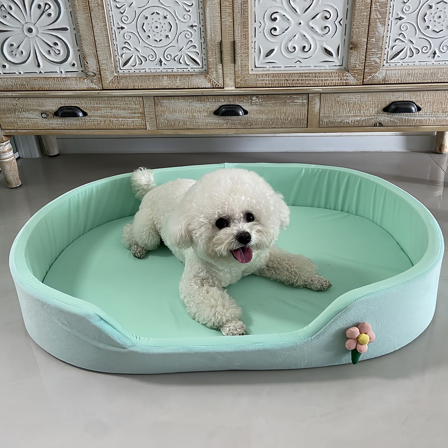 Cooling Dog Bed for Small & Medium Dogs, Oval Bolster Dog Bed with Removable Cushion