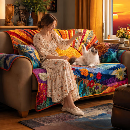 Sunshine Quilted Sofa Cover, Colorful Couch Throw Blanket