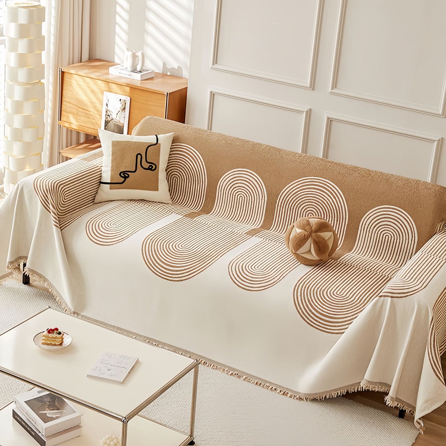 Chenille Couch Cover Throw Blanket for Pets, Nordic Geometric Sofa Protector with Tassels