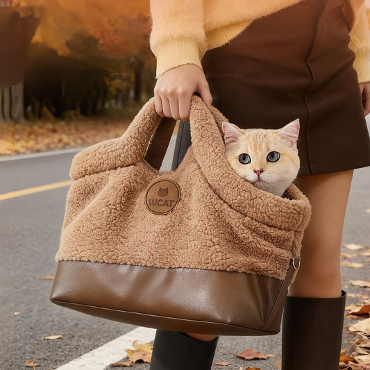 Cat Tote Bag Pet Carrier for Cats & Small Dogs, Warm Plush Cat Carrier Handbag with Safety Leash