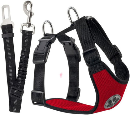 Dog Seat Belt Harness and Leash Set, No Pull Breathable Vest Dog Harness with Bungee Leash