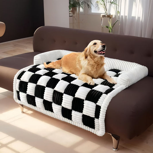 Plaid Plush Dog & Cat Couch Cover Blanket, Thick Soft Pet Sofa Protector Mat Bed with Bolster Edge