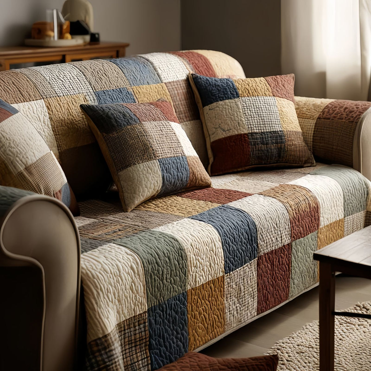 Cozy Quilted Couch Cover, Patchwork Sofa Throw Blanket