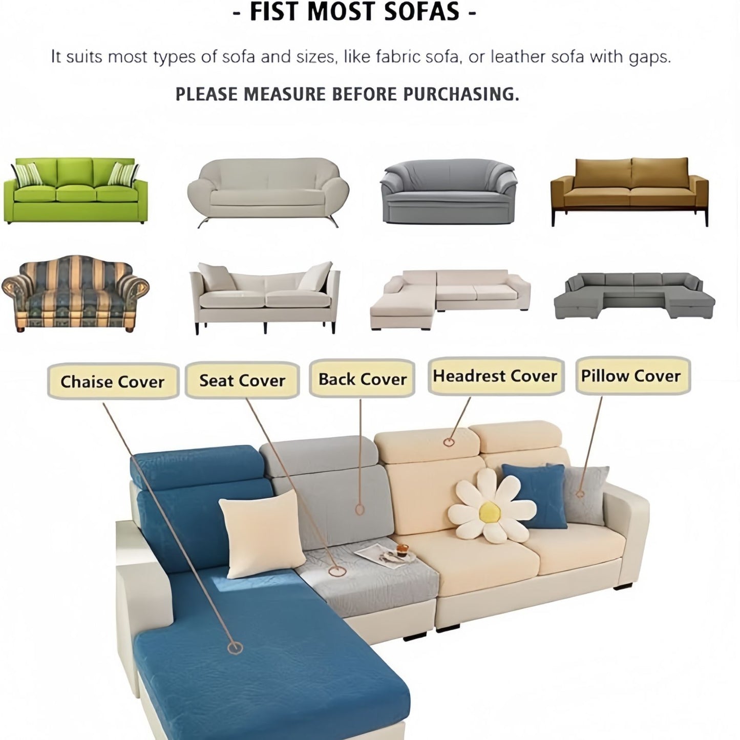 Stretch Couch Cushion Covers for Sectional Sofas, Washable Sofa Seat Covers with 360° Full Wrap Design