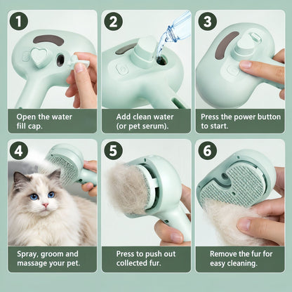 3-in-1 Pet Steam Brush for Cats and Dogs, Self Cleaning Spray Grooming Brush for Pet Hair Removal