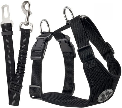 Dog Seat Belt Harness and Leash Set, No Pull Breathable Vest Dog Harness with Bungee Leash