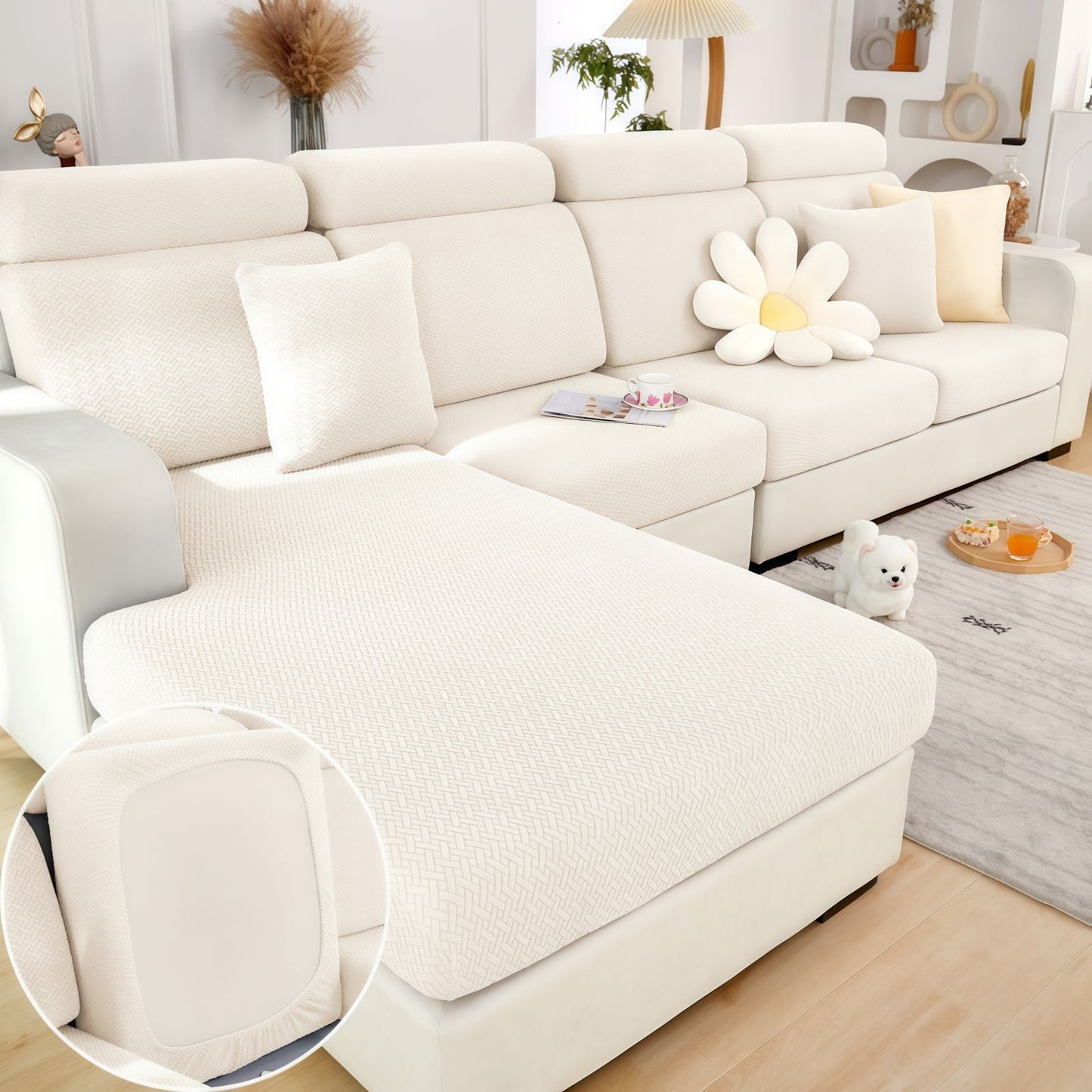 Stretch Couch Cushion Covers for Sectional Sofas, Washable Sofa Seat Covers with 360° Full Wrap Design