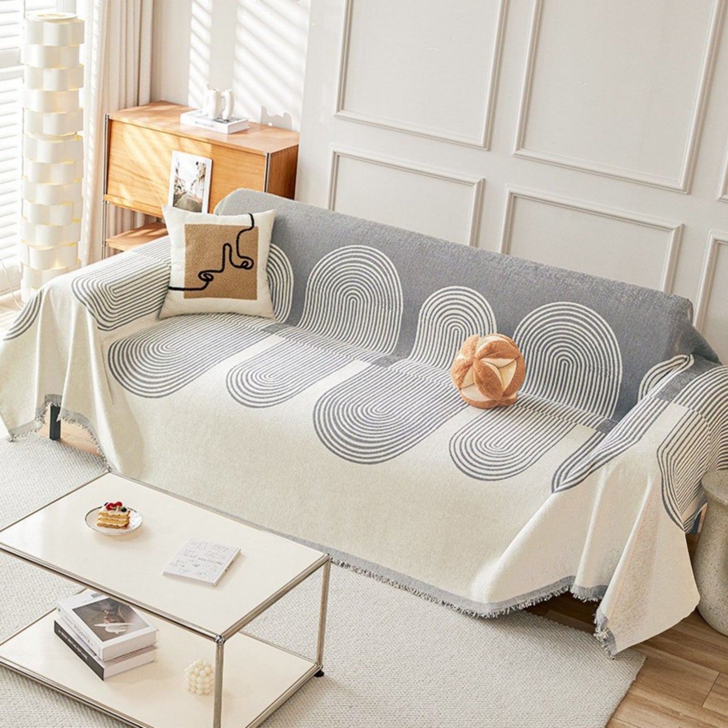 Chenille Couch Cover Throw Blanket for Pets, Nordic Geometric Sofa Protector with Tassels