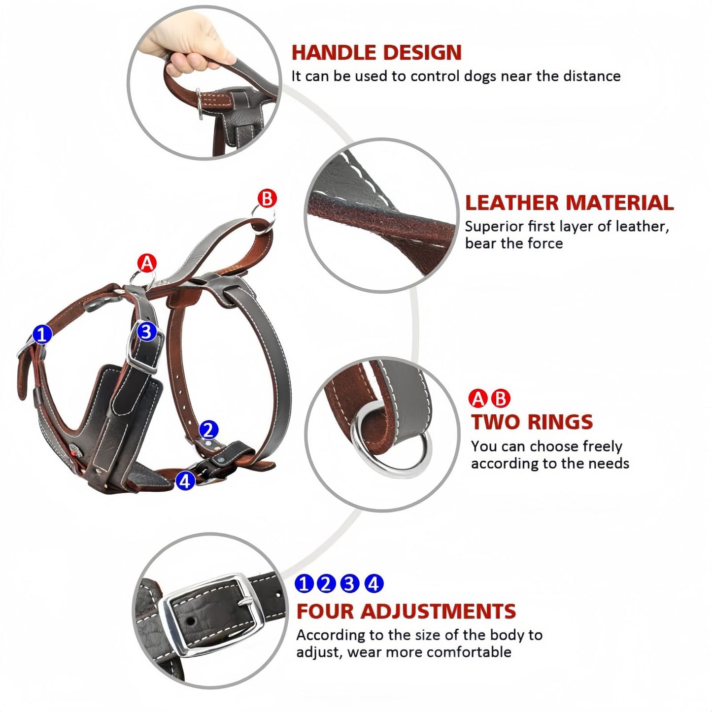 Leather Dog Harness with Handle, Heavy Duty Adjustable Training Dog Harness for Medium to Large Dogs