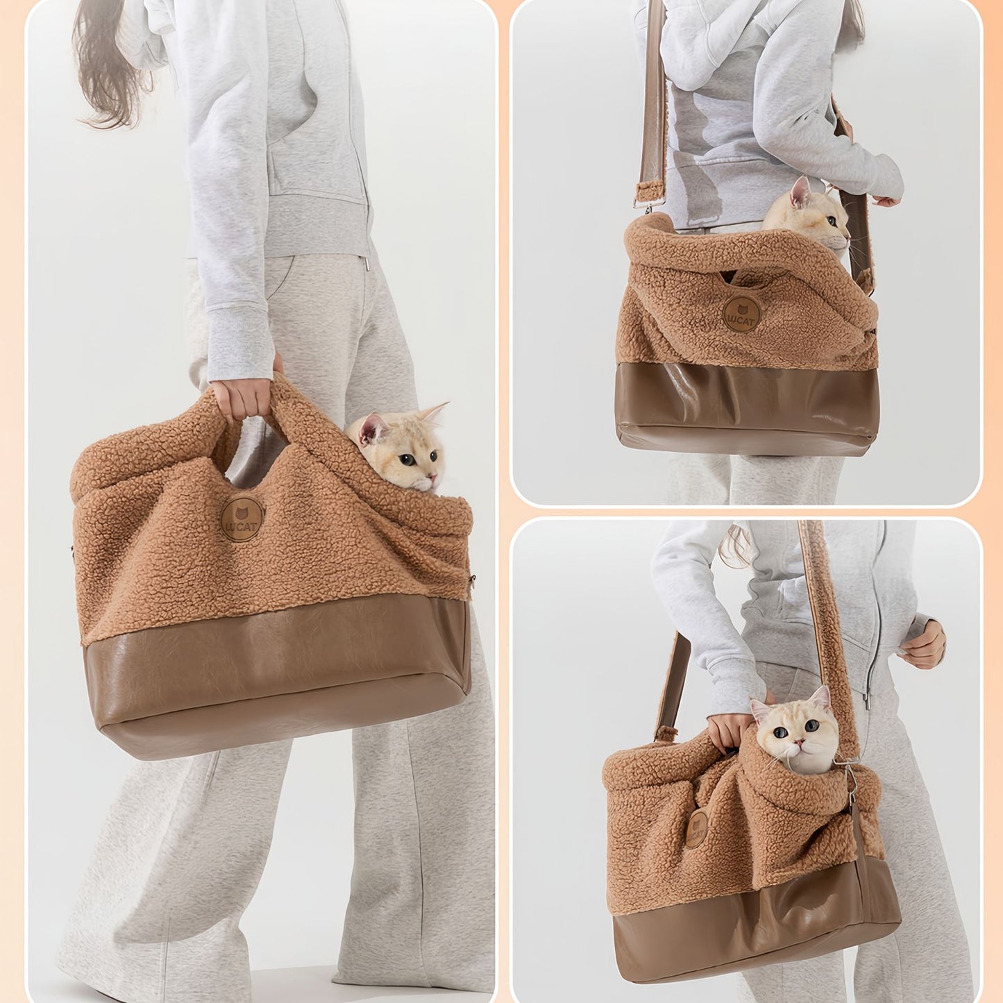 Cat Tote Bag Pet Carrier for Cats & Small Dogs, Warm Plush Cat Carrier Handbag with Safety Leash