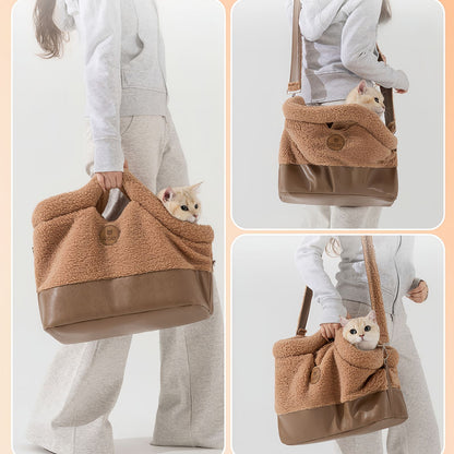Cat Tote Bag Pet Carrier for Cats & Small Dogs, Warm Plush Cat Carrier Handbag with Safety Leash