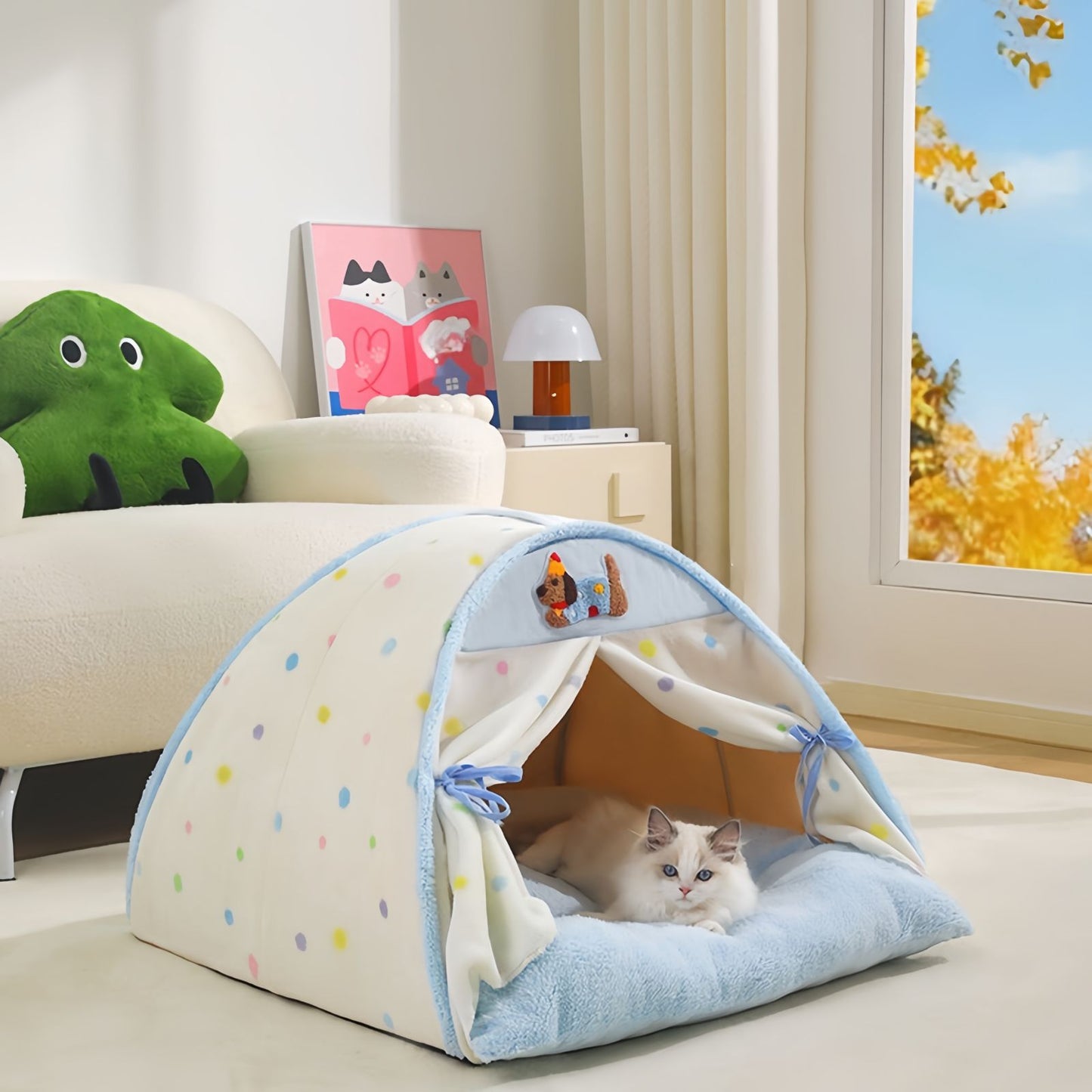Cat Tent Bed, Semi-Enclosed Cat Bed with Canopy, Cozy Plush Tent Bed for Cats