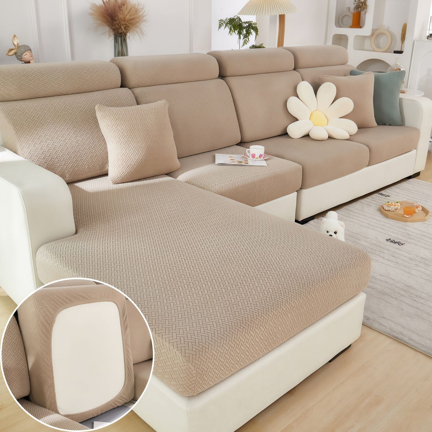 Stretch Couch Cushion Covers for Sectional Sofas, Washable Sofa Seat Covers with 360° Full Wrap Design