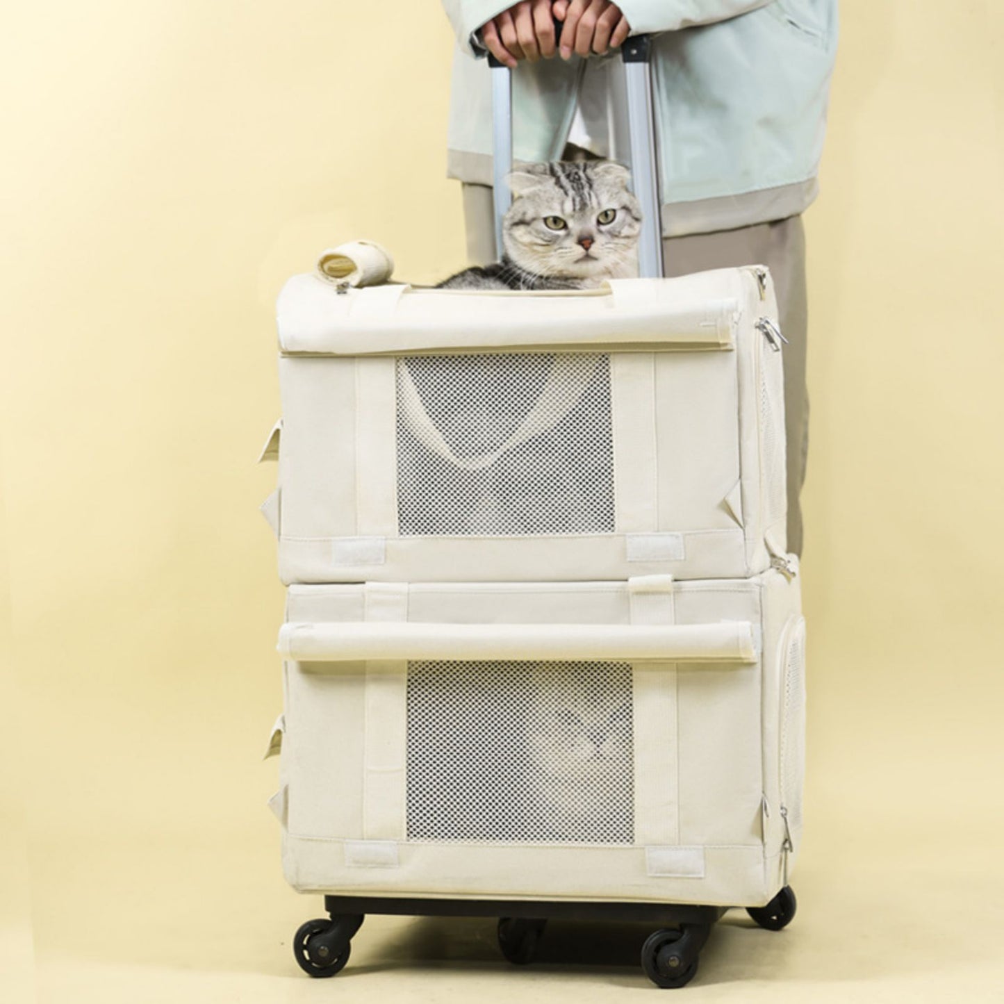 Double Layer Rolling Cat Carrier with Wheels, Telescopic Handle Pet Carrier