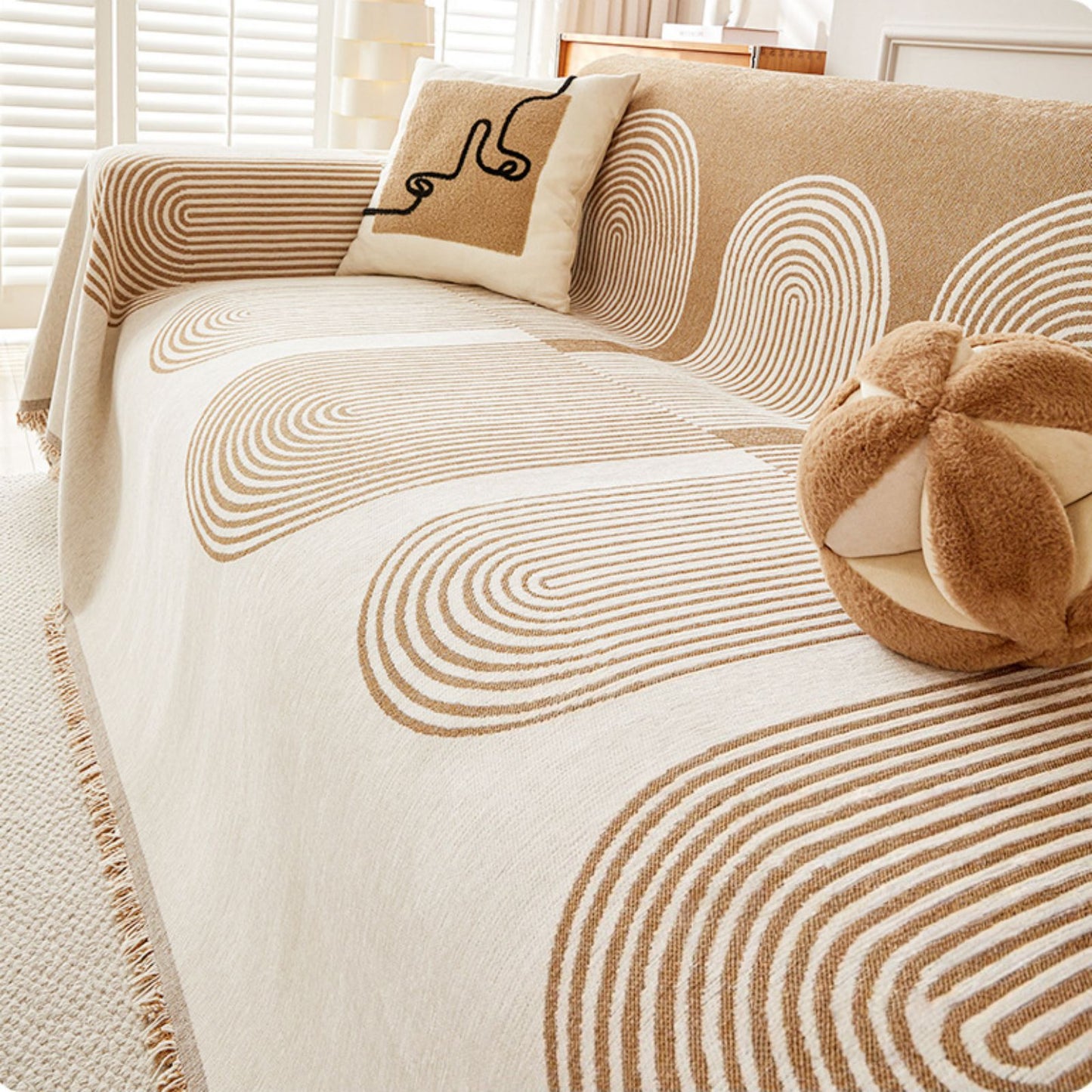 Chenille Couch Cover Throw Blanket for Pets, Nordic Geometric Sofa Protector with Tassels
