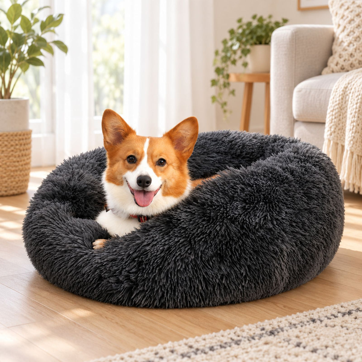 Long Plush Donut Pet Bed, Soft Round Bed for Cats and Dogs, Cozy Nest Style Pet Bed
