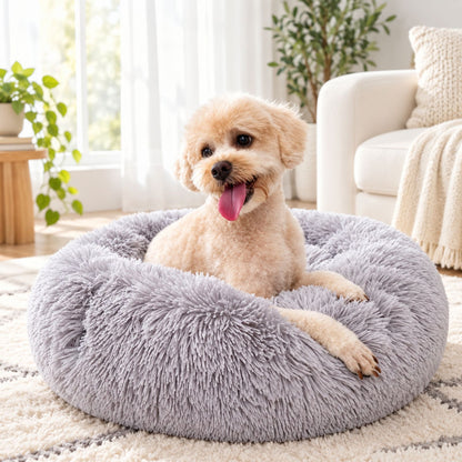Long Plush Donut Pet Bed, Soft Round Bed for Cats and Dogs, Cozy Nest Style Pet Bed