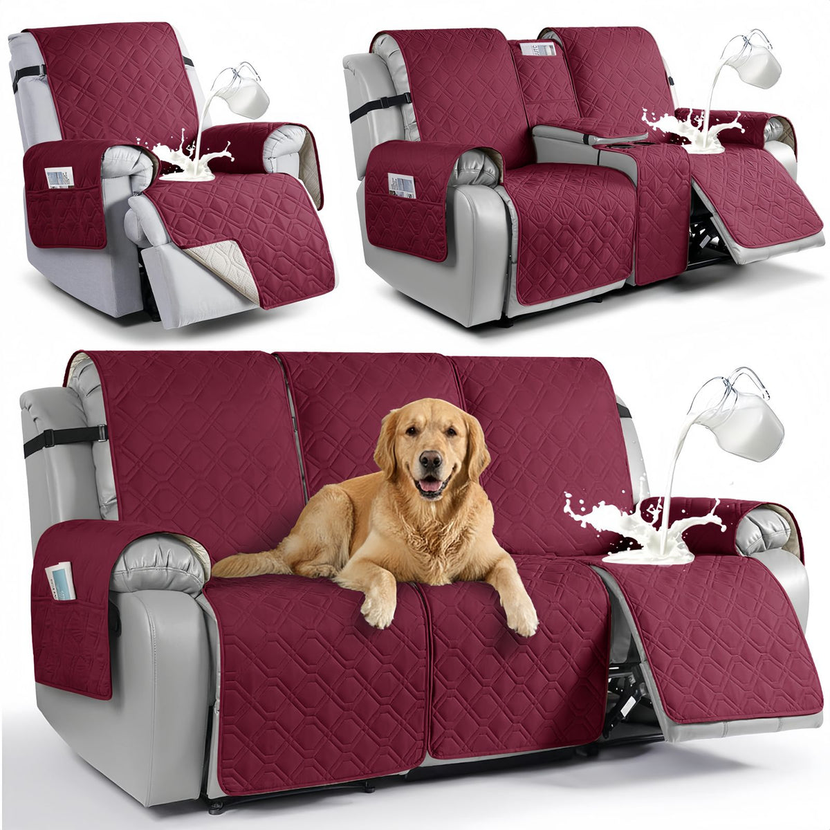 Waterproof Recliner Sofa Cover, Quilted Non-Slip Furniture Protector for Pets