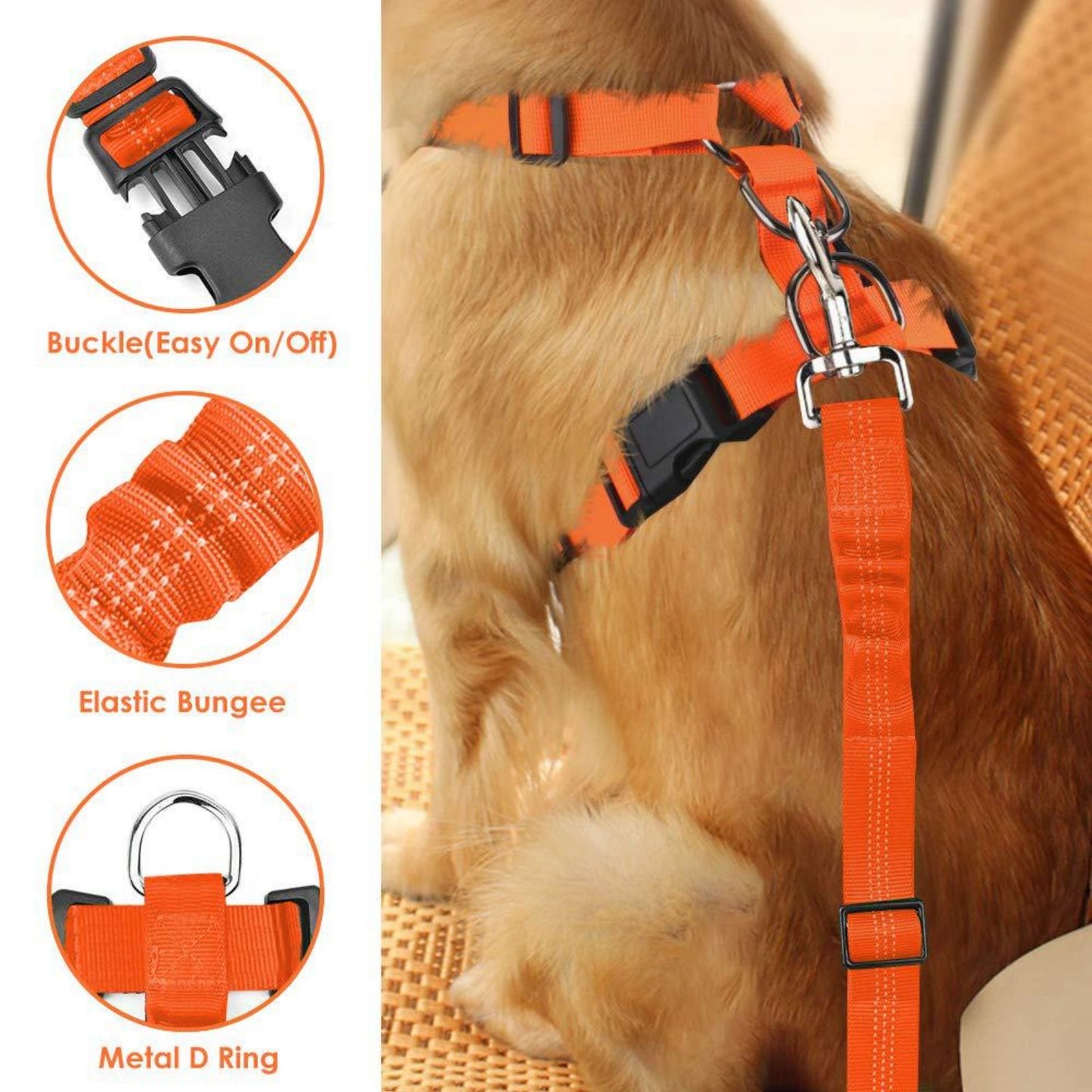 Dog Seat Belt Harness and Leash Set, No Pull Breathable Vest Dog Harness with Bungee Leash