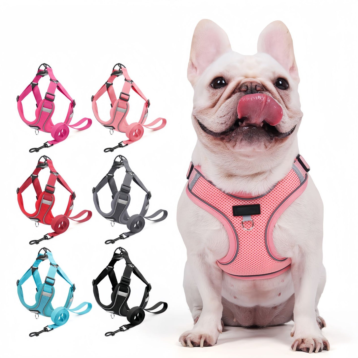 Breathable Frenchie Dog Harness with Leash, Reflective Adjustable Dog Harness Vest for Small Dogs & Cats