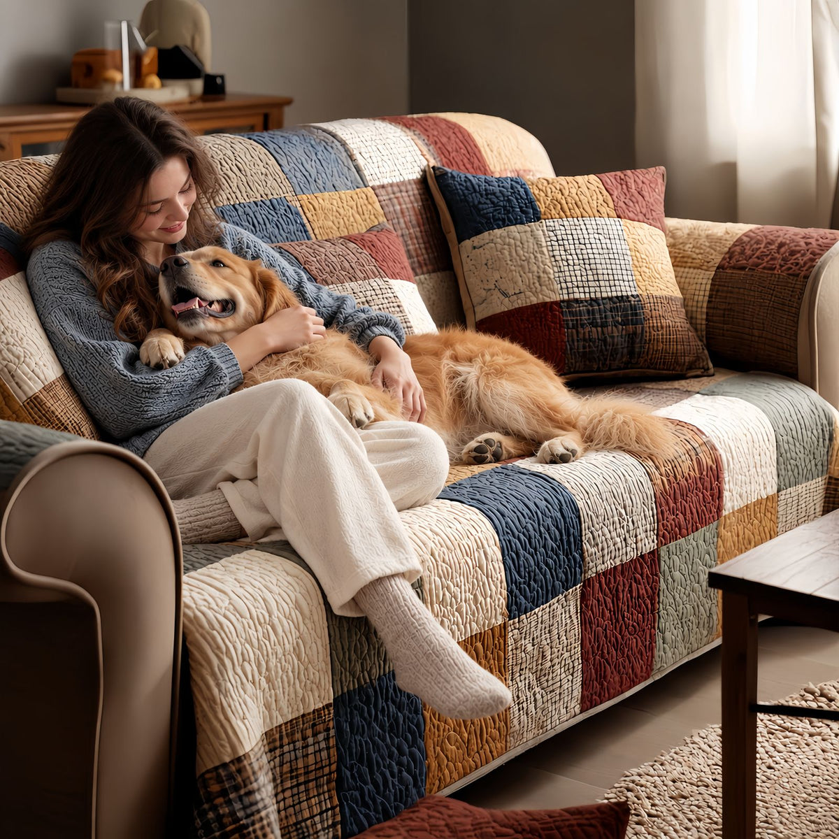 Cozy Quilted Couch Cover, Patchwork Sofa Throw Blanket