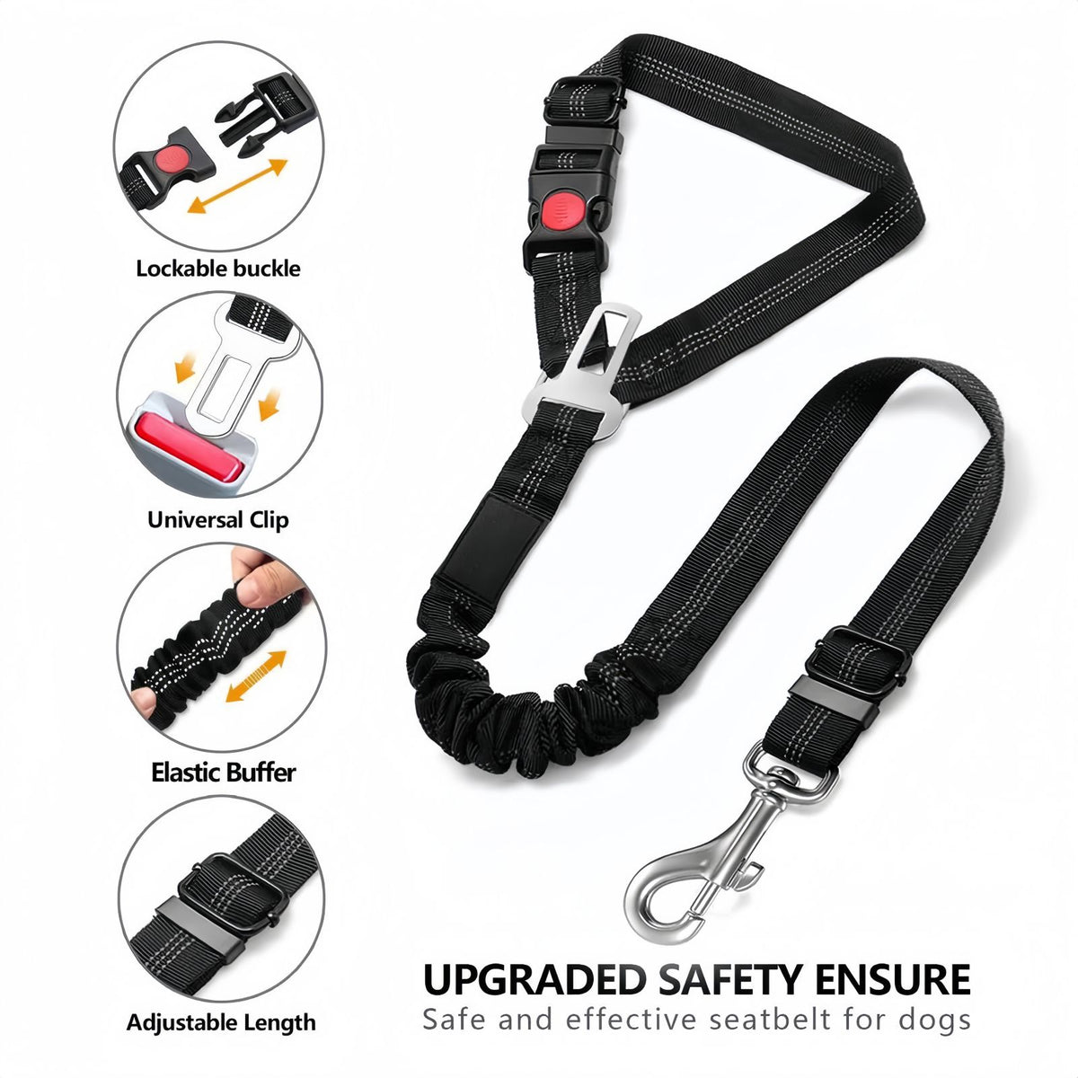 Dog Car Seat Belt with Elastic Bungee, Adjustable Safety Seat Belt for Dogs with Lockable Clip and 360° Swivel Hook