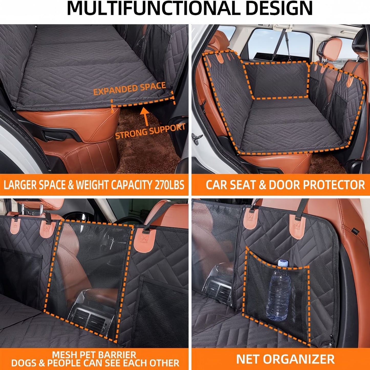 Dog Car Back Seat Cover Waterproof, Non-Slip Hammock with Hard Bottom for Pets, Fits Most Cars, SUVs & Trucks