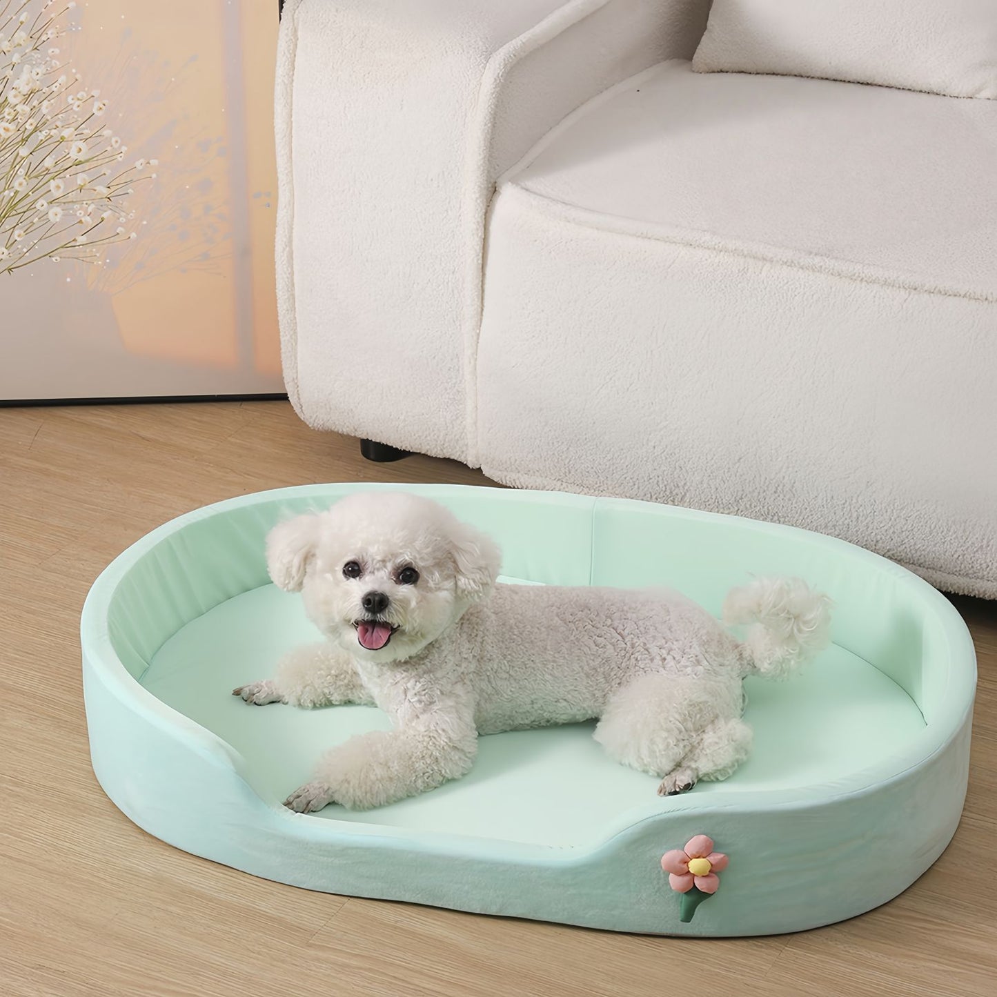 Cooling Dog Bed for Small & Medium Dogs, Oval Bolster Dog Bed with Removable Cushion