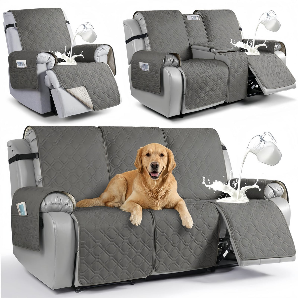 Waterproof Recliner Sofa Cover, Quilted Non-Slip Furniture Protector for Pets